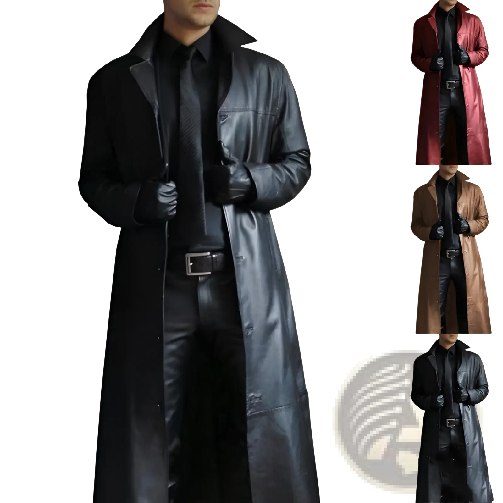 Men slim black leather trench coat with classic collar and button closure shown from the front side