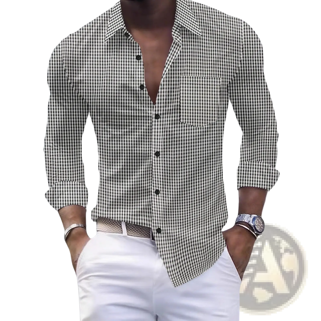 Men slim plaid casual button shirt in black and white gingham pattern with long sleeves and rolled cuffs