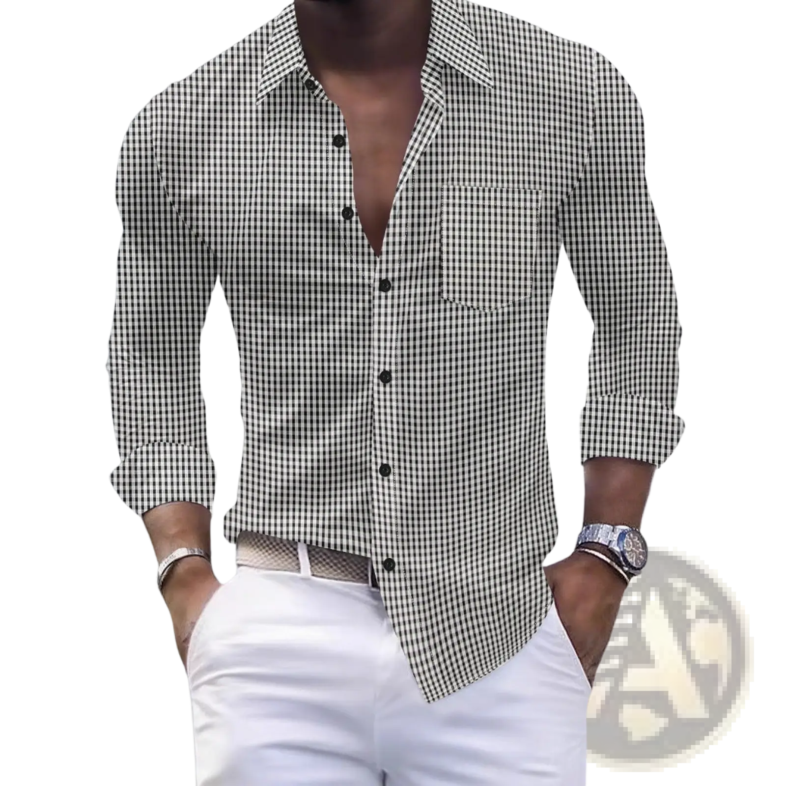 Men slim plaid casual button shirt in black and white gingham pattern with long sleeves and rolled cuffs