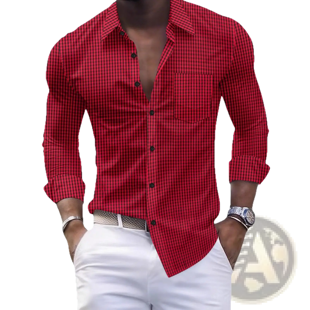 Men slim plaid casual button shirt in red and black checkered pattern with long sleeves and rolled cuffs