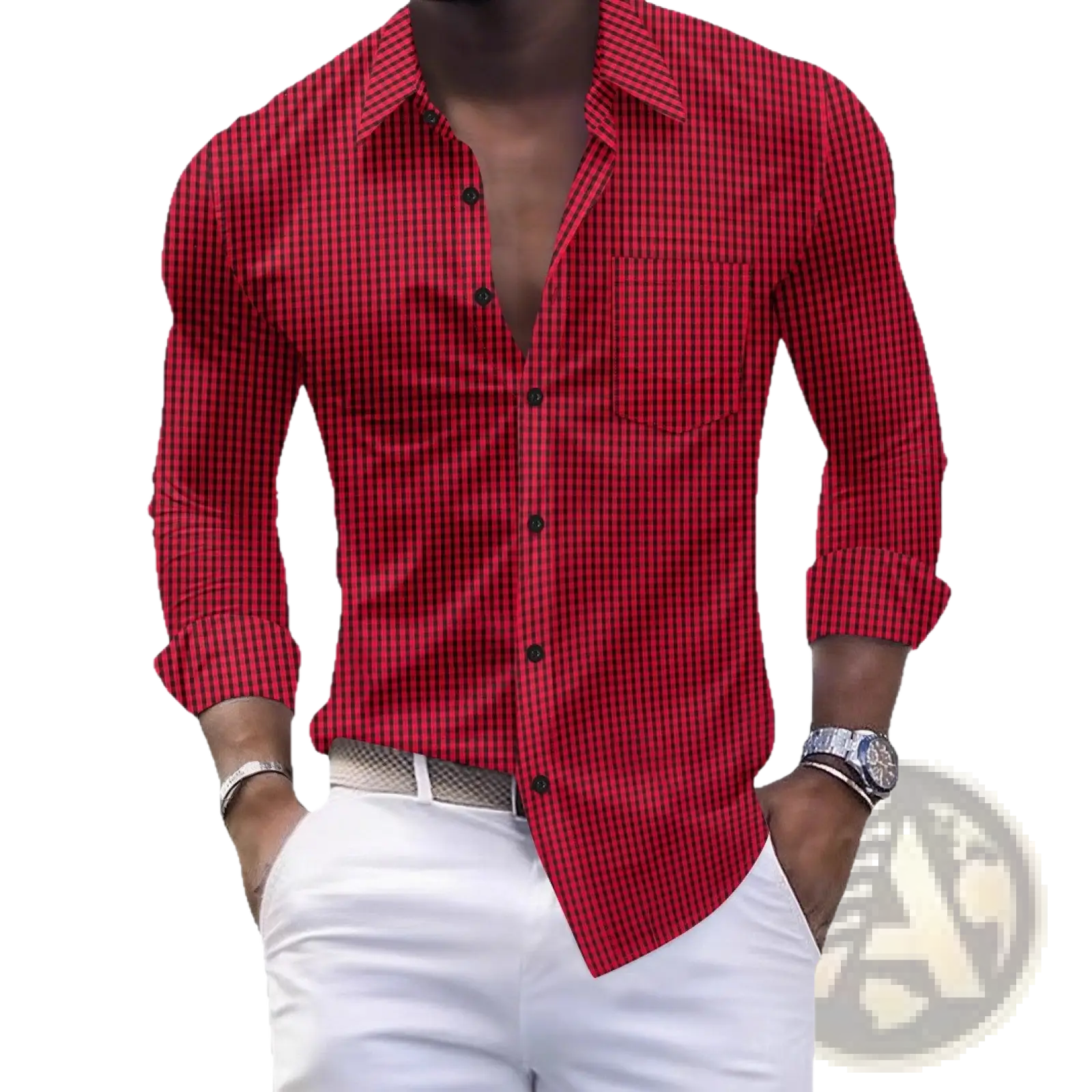 Men slim plaid casual button shirt in red and black checkered pattern with long sleeves and rolled cuffs