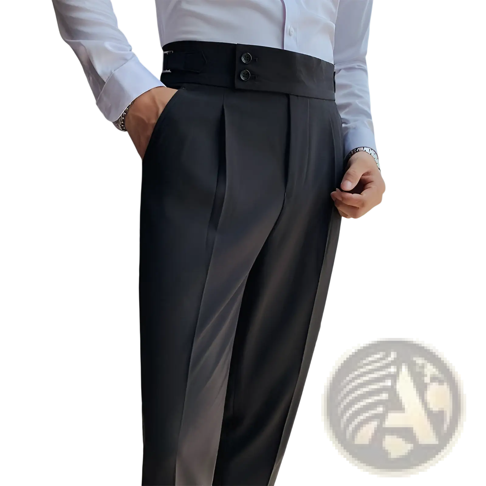 Men slim solid color straight black trousers with high-waisted pleats wide belt and double-button closure