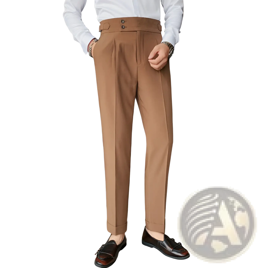 Men slim solid color straight trousers in brown high-waisted tailored fabric with sleek modern cut and subtle pleats