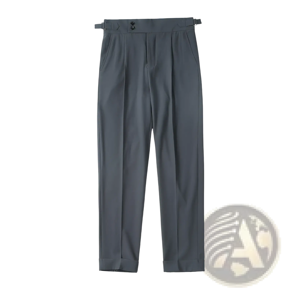 Men slim solid color straight trousers in dark gray tailored fabric with pleated front and buttoned belt loops