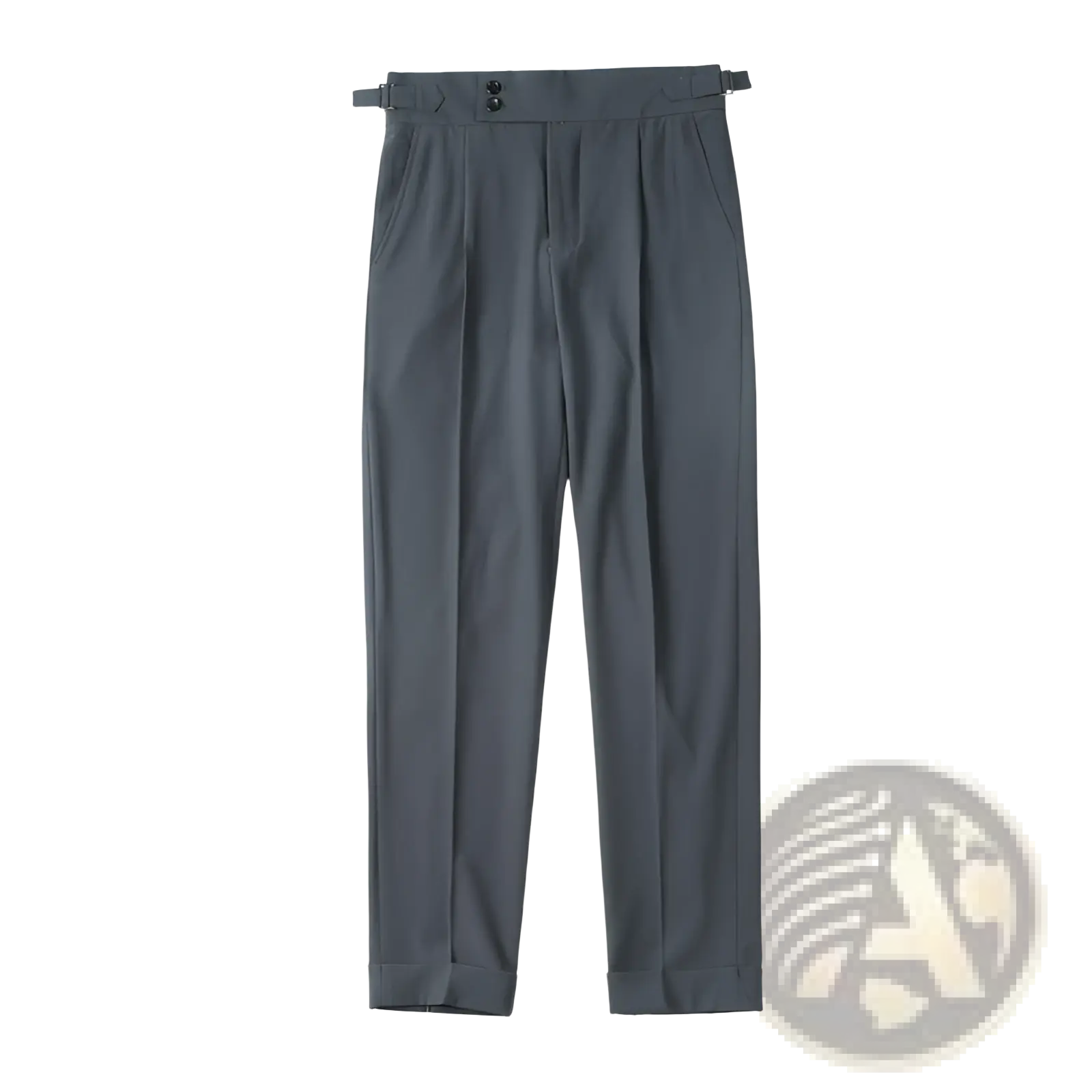 Men slim solid color straight trousers in dark gray tailored fabric with pleated front and buttoned belt loops