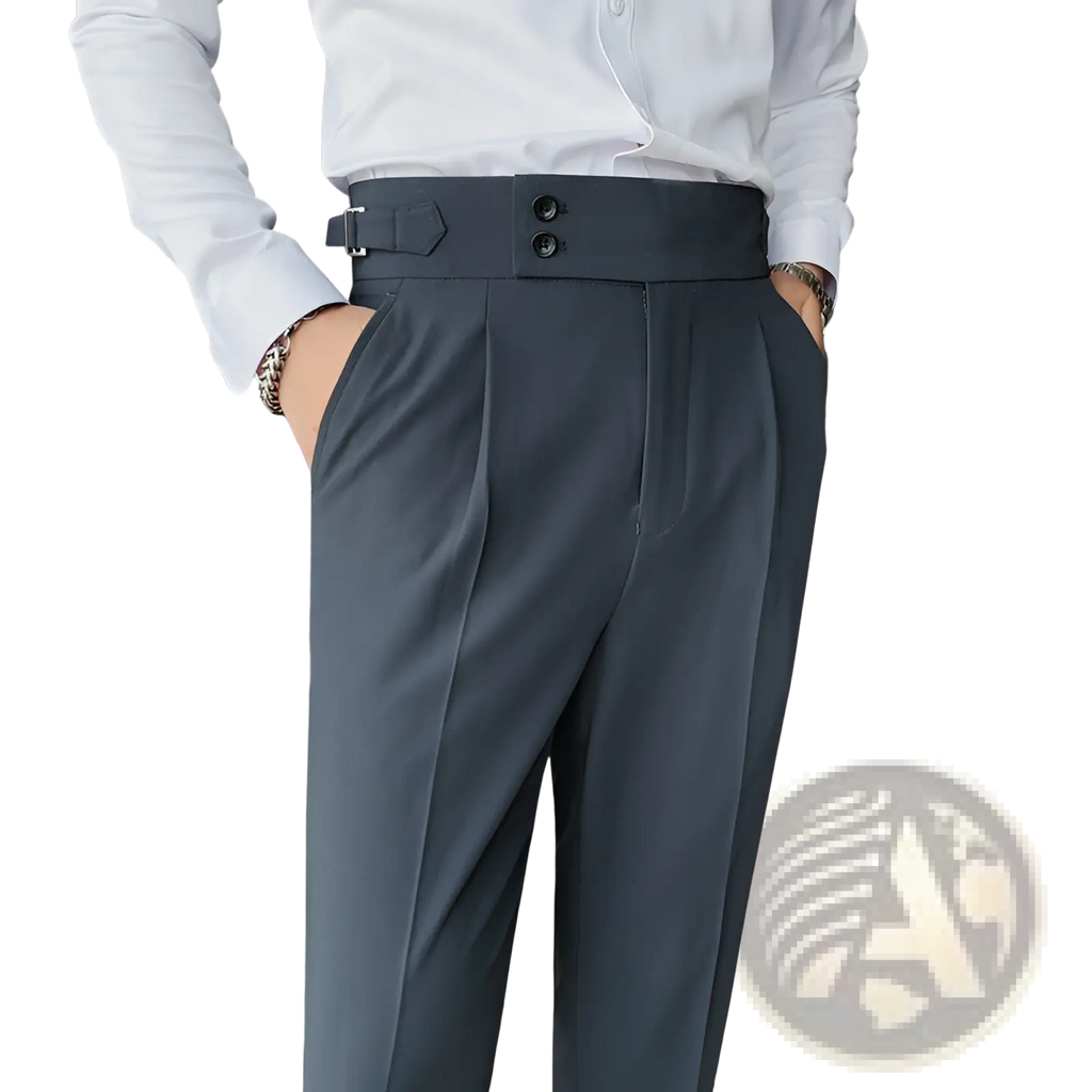 Men slim solid color straight trousers in dark gray with a wide belt and two front buttons for a tailored look