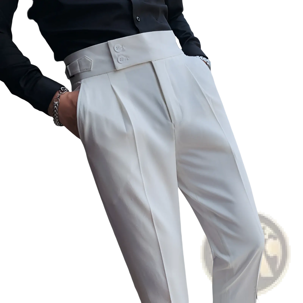 Men slim solid color straight trousers in white with pleats and a matching wide belt with two buttons and hexagonal buckle