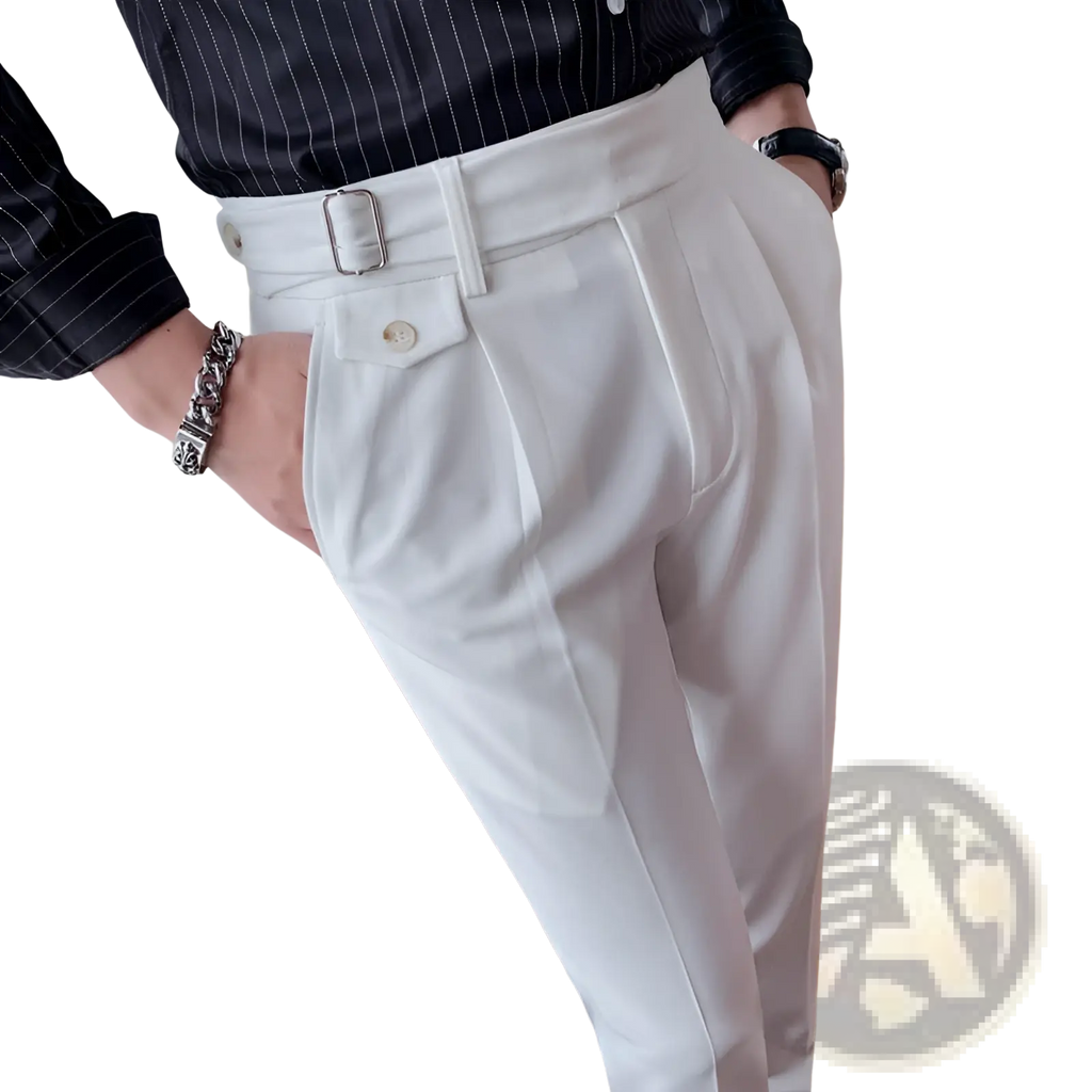 Men slim solid color straight white tailored trousers with sleek modern design and silver-toned belt buckle