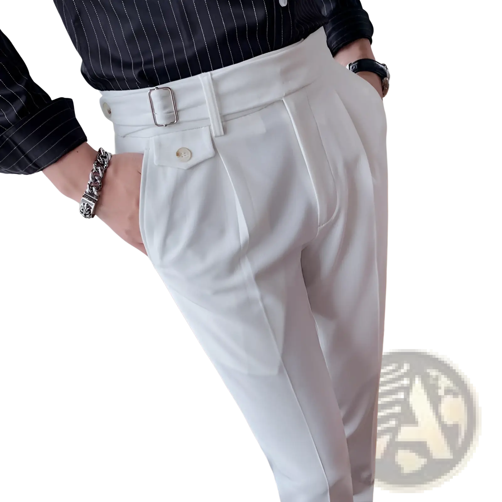 Men slim solid color straight white tailored trousers with sleek modern design and silver-toned belt buckle