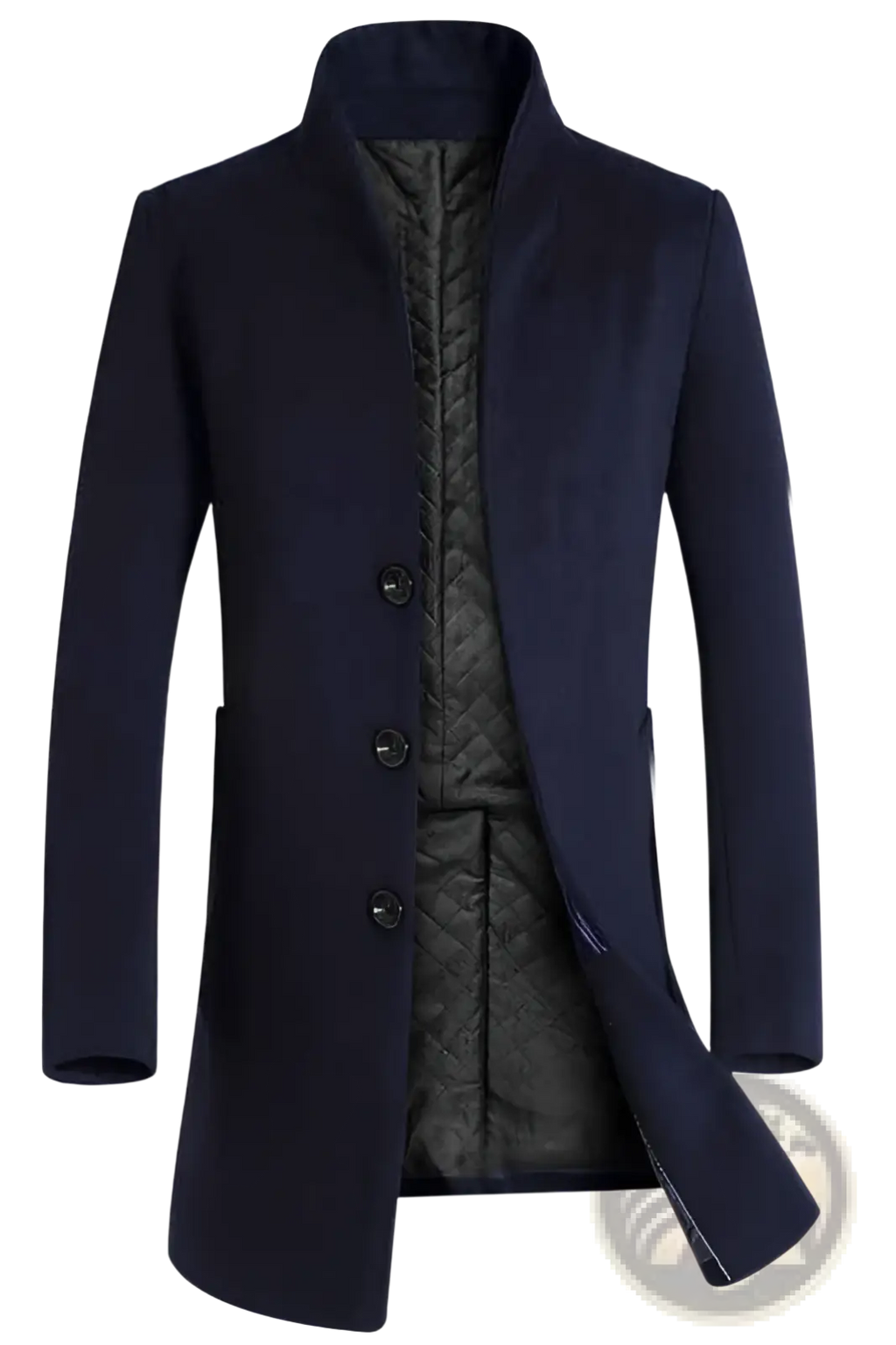 Men slim woolen trench coat in dark navy with quilted black inner lining and three dark buttons