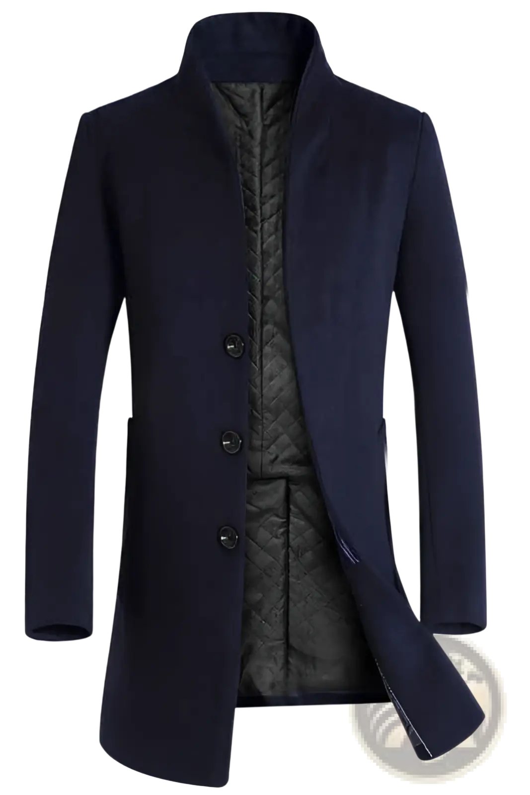 Men slim woolen trench coat in dark navy with quilted black inner lining and three dark buttons