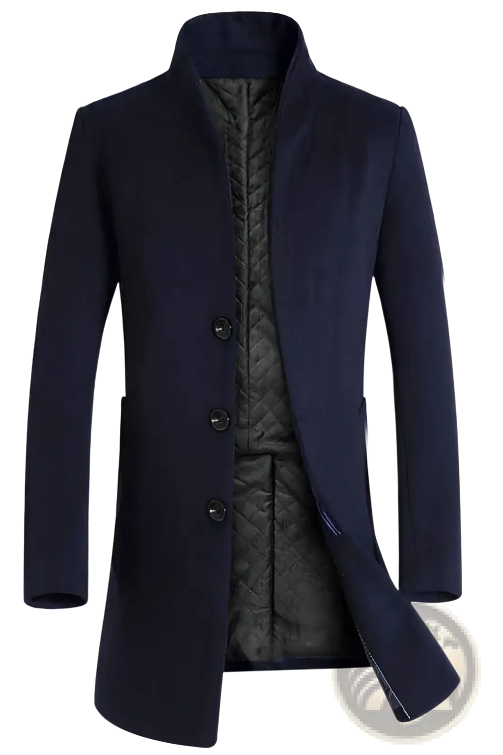 Men slim dark navy woolen trench coat with quilted black lining and three front buttons