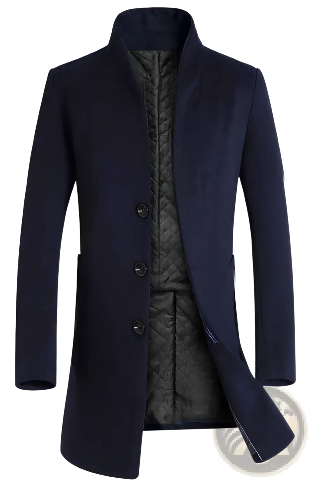 Men slim dark navy woolen trench coat with quilted black lining and three front buttons