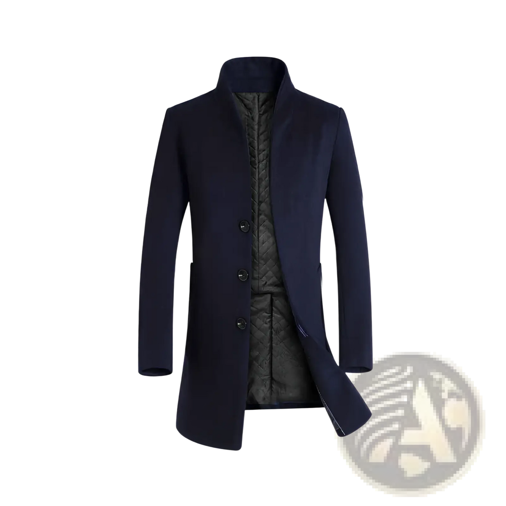 Men slim woolen trench coat in navy blue with quilted black inner lining and three dark buttons made of wool