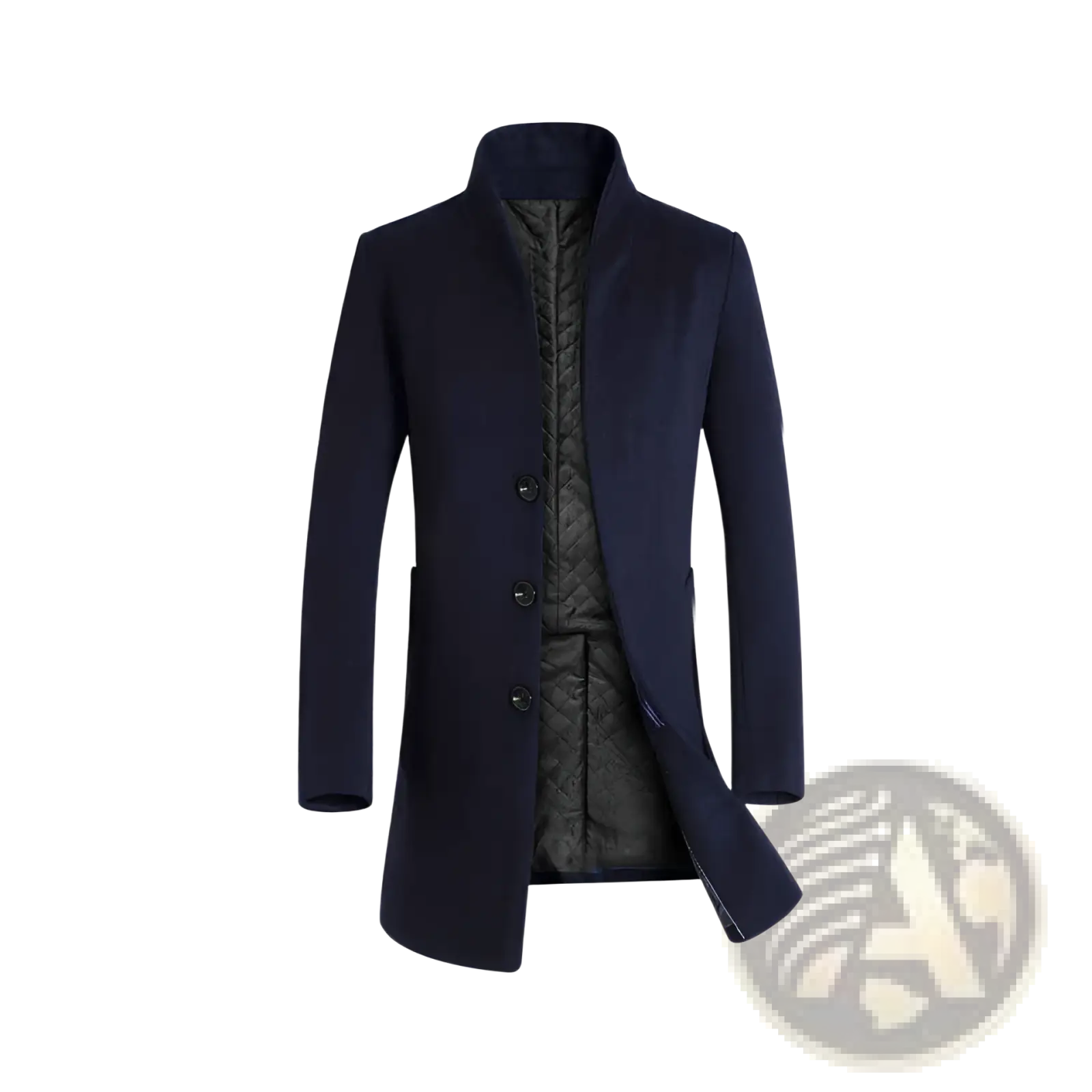 Men slim woolen trench coat in navy blue with quilted black inner lining and three dark buttons made of wool