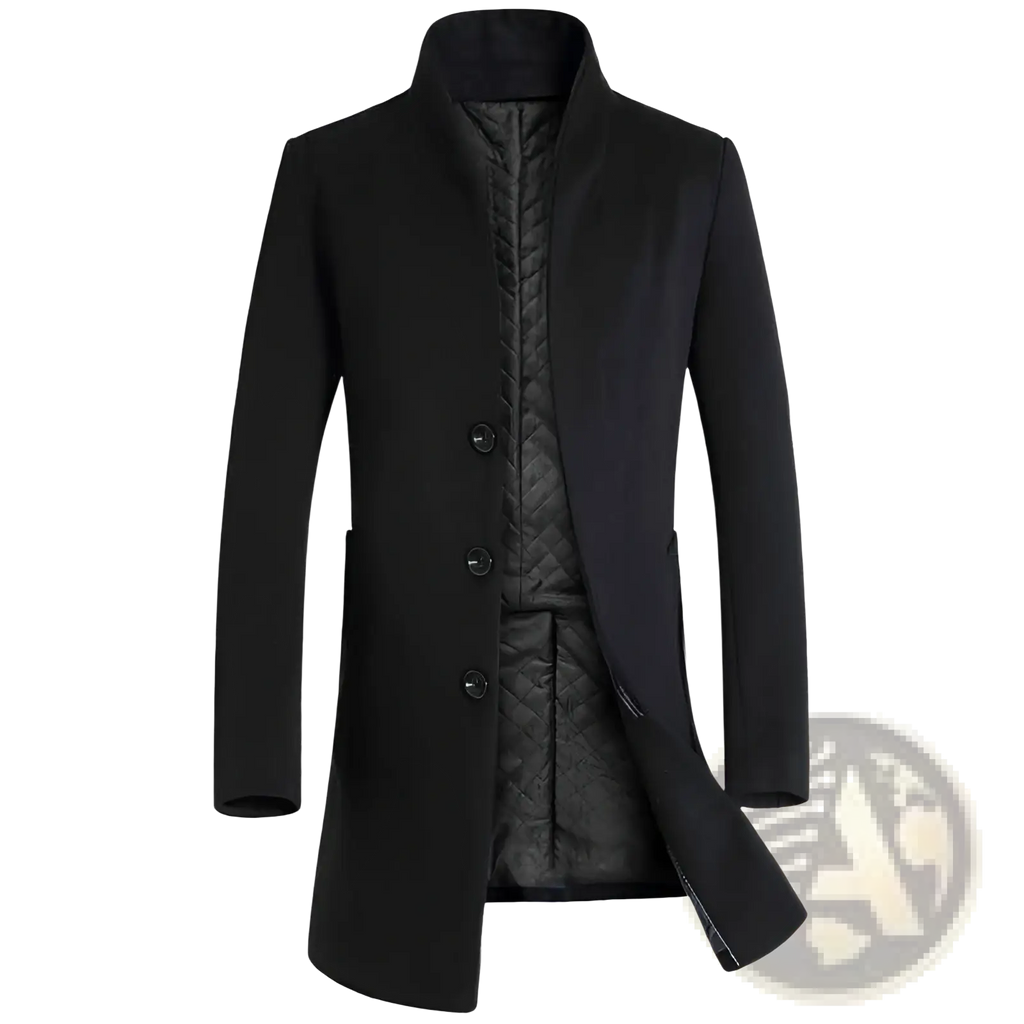 Men slim black woolen trench coat with quilted inner lining and three front buttons for formal wear