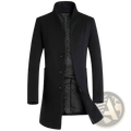 Men slim black woolen trench coat with quilted inner lining and three front buttons for formal wear