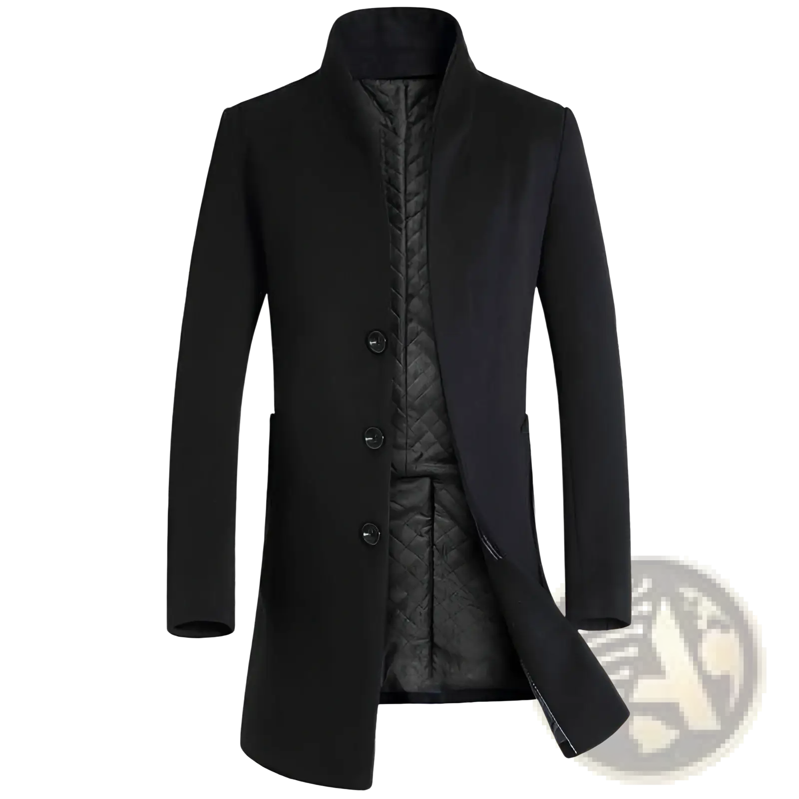 Men slim black woolen trench coat with quilted inner lining and three front buttons for formal wear