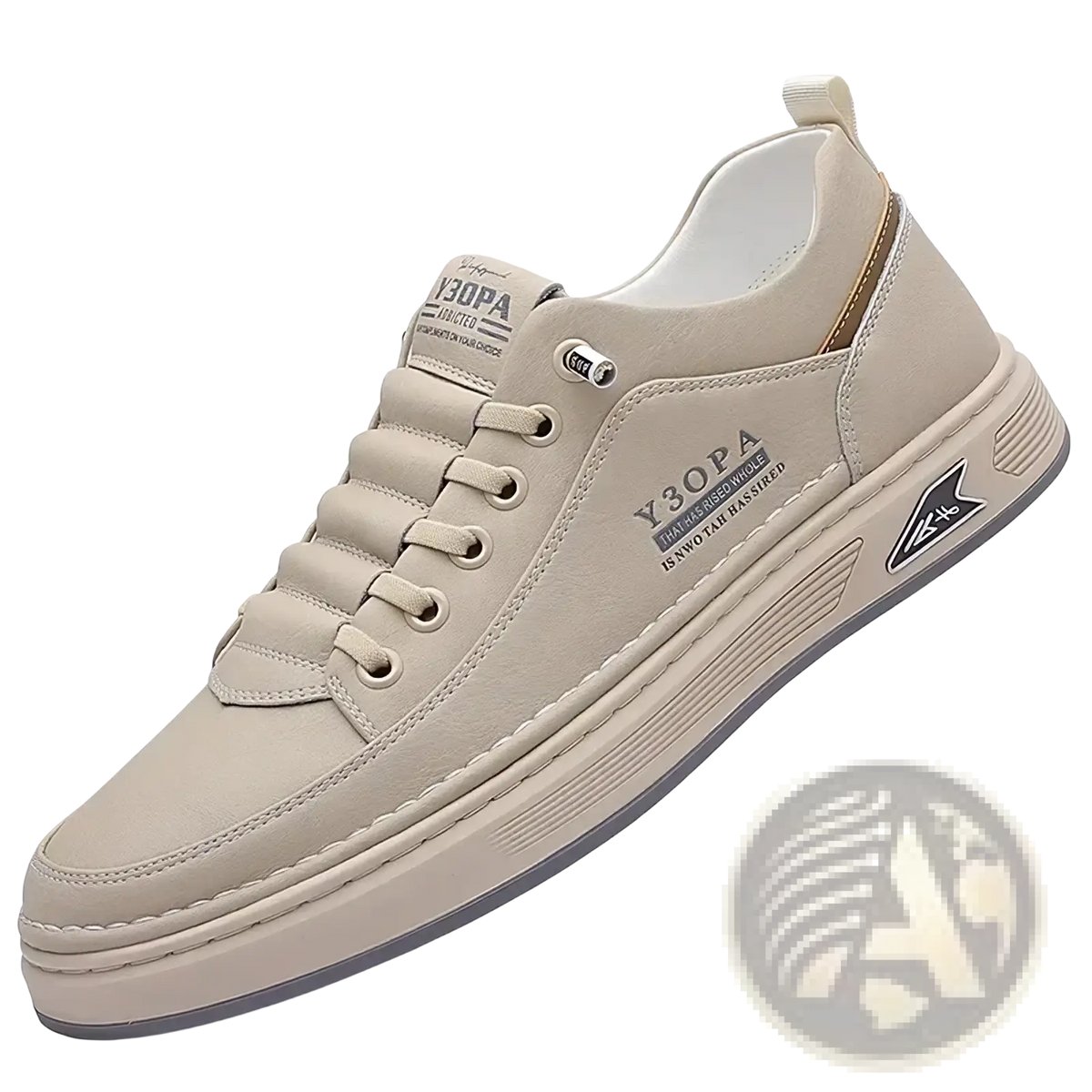 Beige y3opa men slip on casual sneaker with textured leather upper white laces and chunky rubber sole with black logo