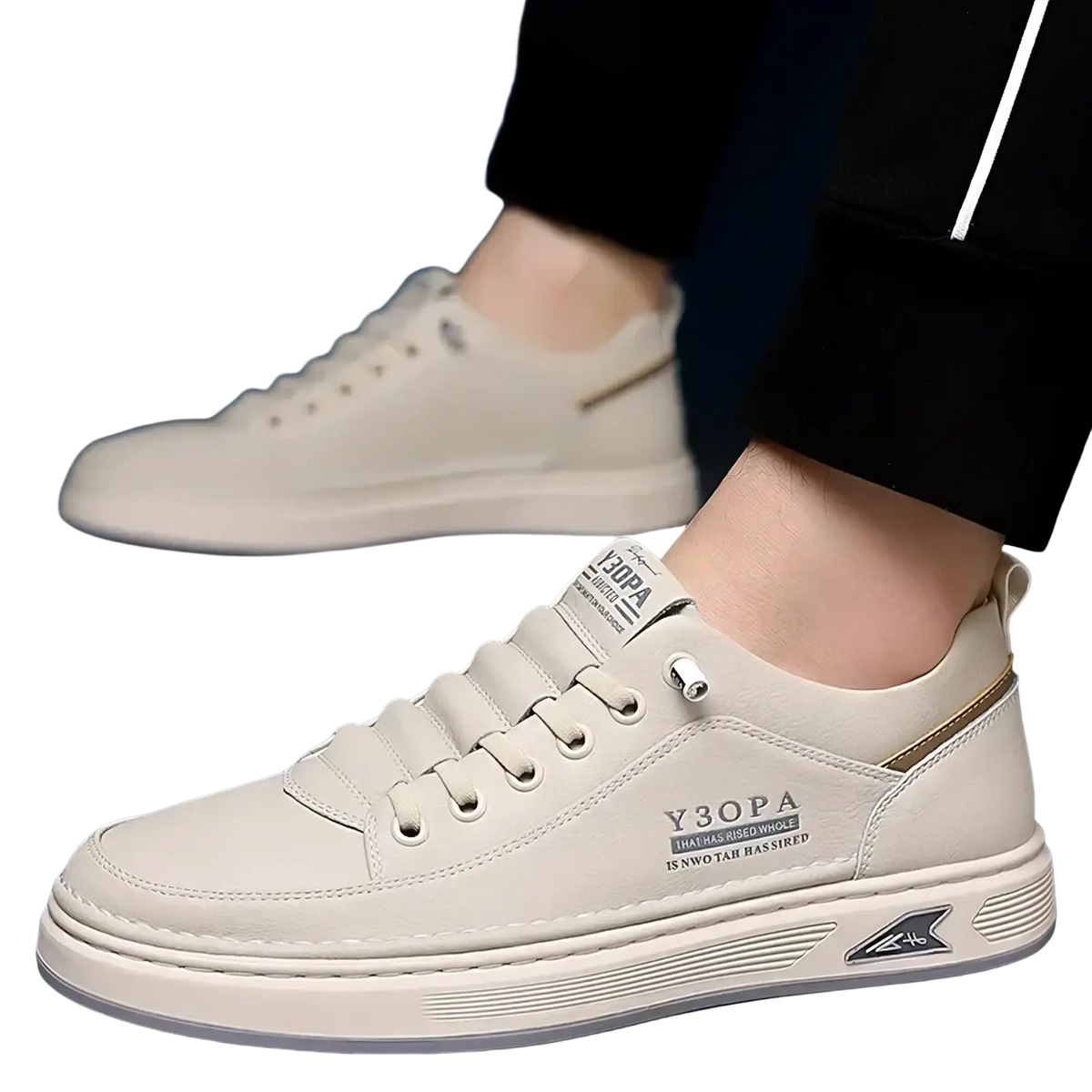 Men slip on casual sneakers beige featuring cream-colored y3opa design with subtle gold accents and minimalist style