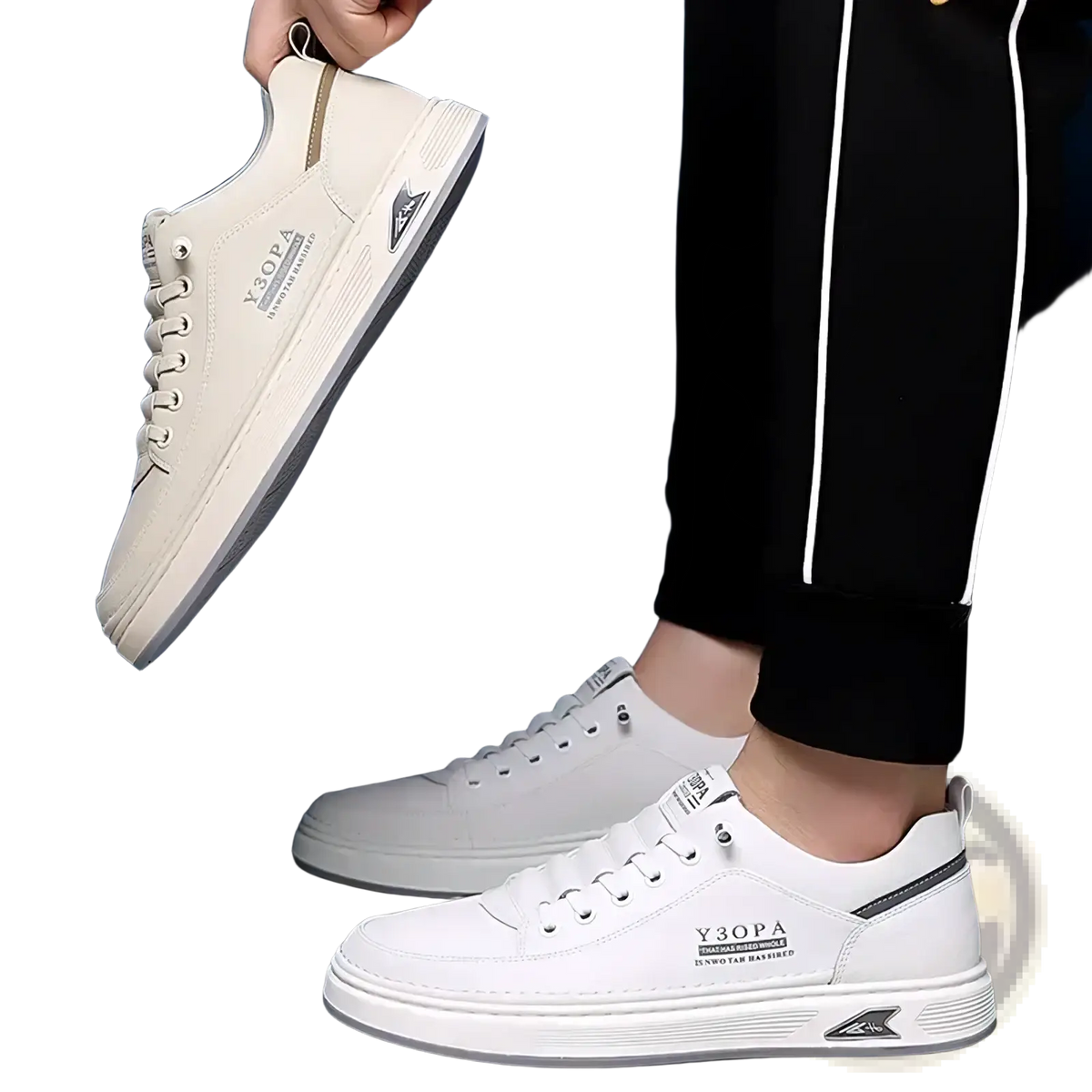 Men slip on casual sneakers beige with white v3opa design featuring clean minimalist style and subtle gray side accents