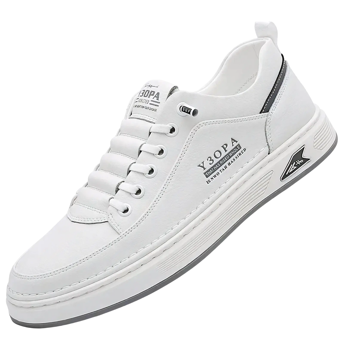 Men slip on casual sneaker in white with black accents and textured rubber sole for comfortable everyday wear