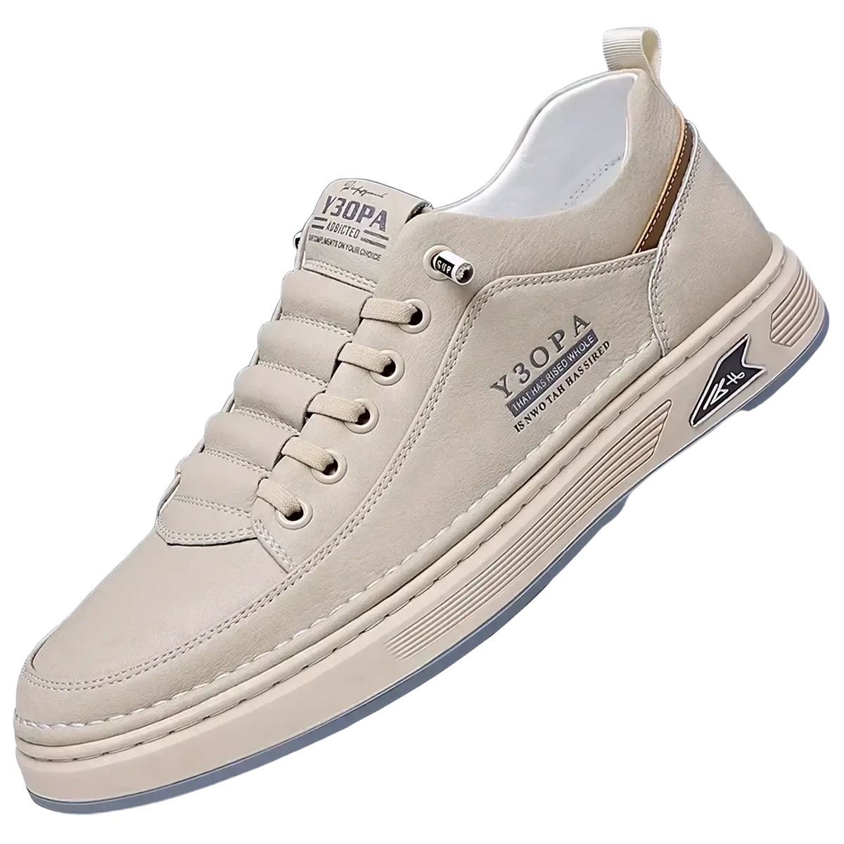 Men slip on casual sneakers beige with textured upper white laces and chunky rubber sole for everyday wear