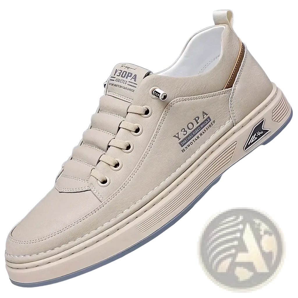Men slip on casual sneakers beige with textured upper white laces and chunky rubber sole for everyday wear