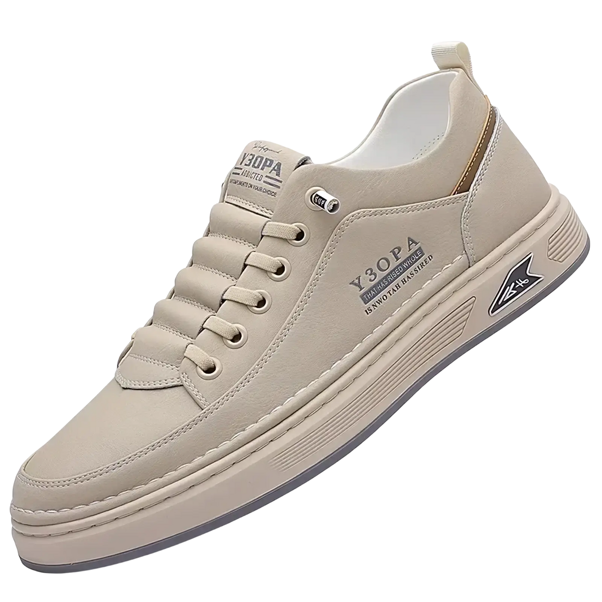Beige y3opa men slip on casual sneaker with textured leather upper white laces and chunky rubber sole with black logo
