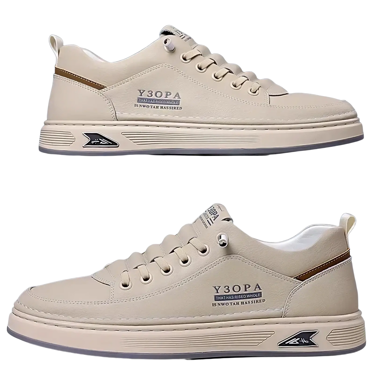 Men slip on casual sneakers beige featuring y3opa design with brown accents and textured rubber sole