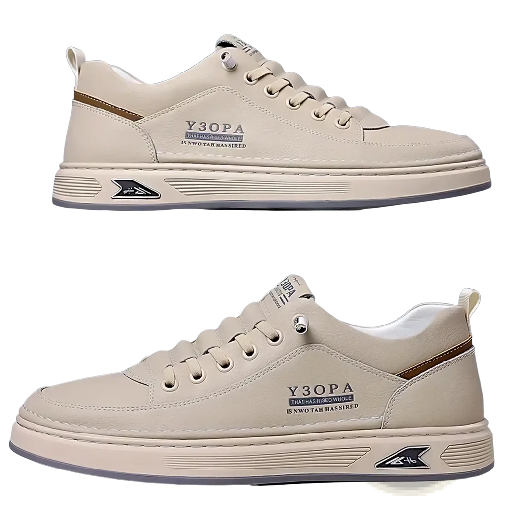 Men slip on casual sneakers beige featuring y3opa design with brown accents and textured rubber sole
