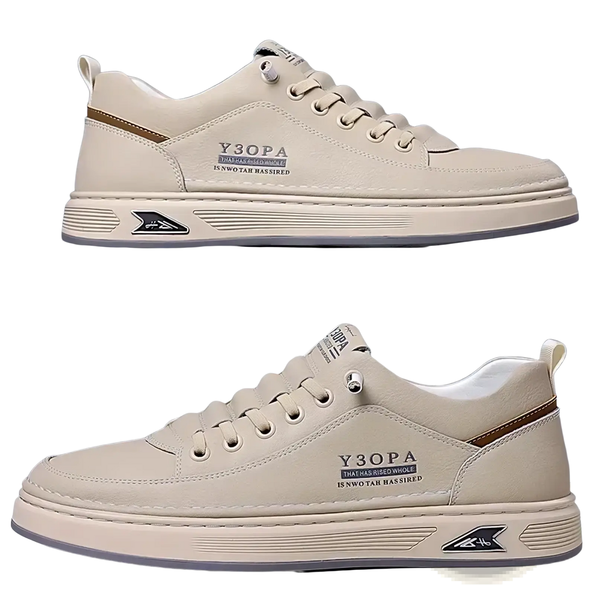 Men slip on casual sneakers beige featuring y3opa design with brown accents and textured rubber sole