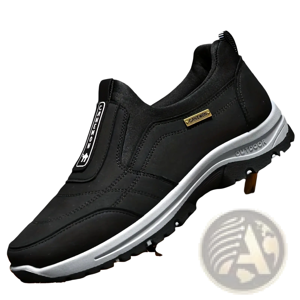 Black canemon men slip resistant casual walking outdoor slip-on sneaker with white midsole and textured rubber outsole