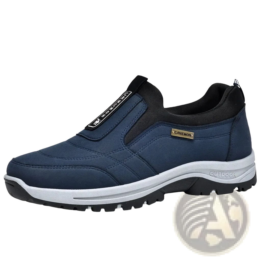 Navy blue slip resistant casual walking sneakers with black accents and white midsole for men outdoors