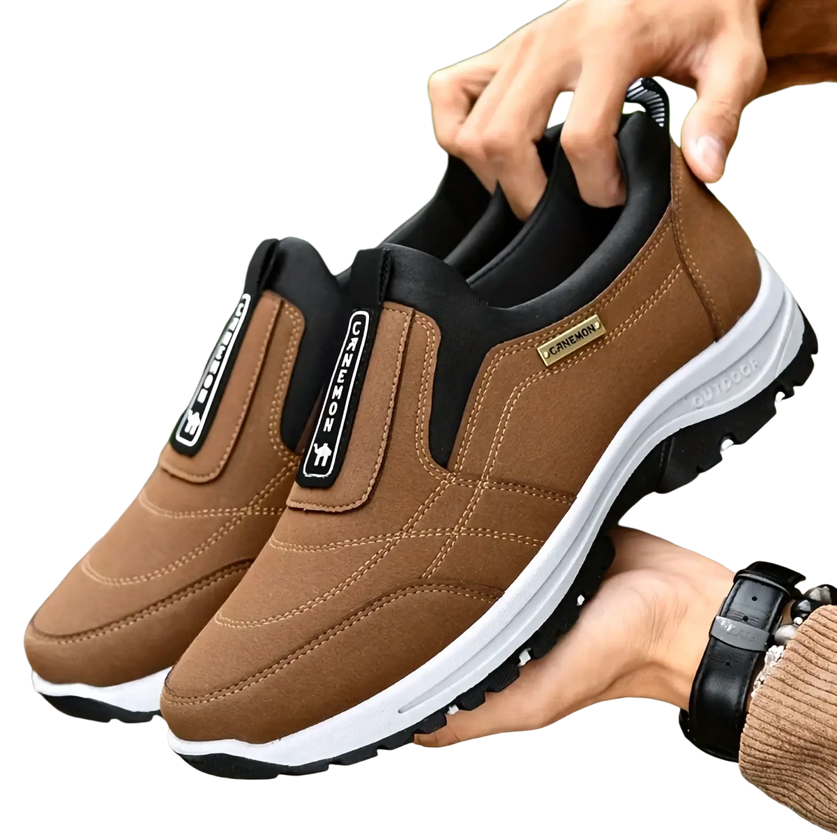 Men slip resistant casual walking sneakers brown and black canvas slip-on outdoor shoes with white rubber soles