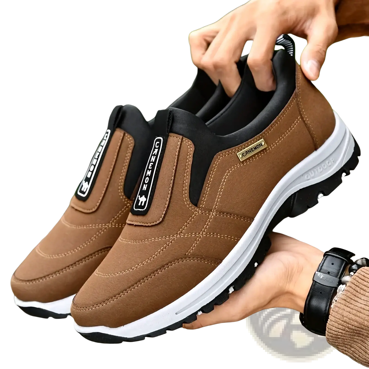 Men slip resistant casual walking sneakers brown and black canvas slip-on outdoor shoes with white rubber soles