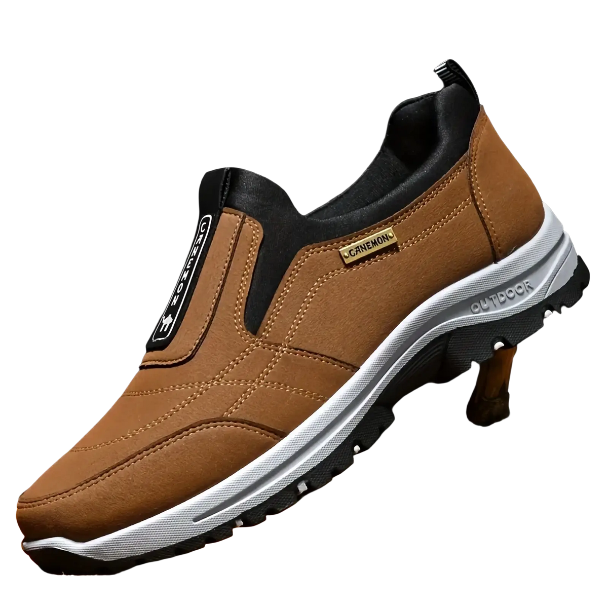Men slip resistant casual walking sneaker in brown canvas with black accents and white midsole featuring cane mon brand tag