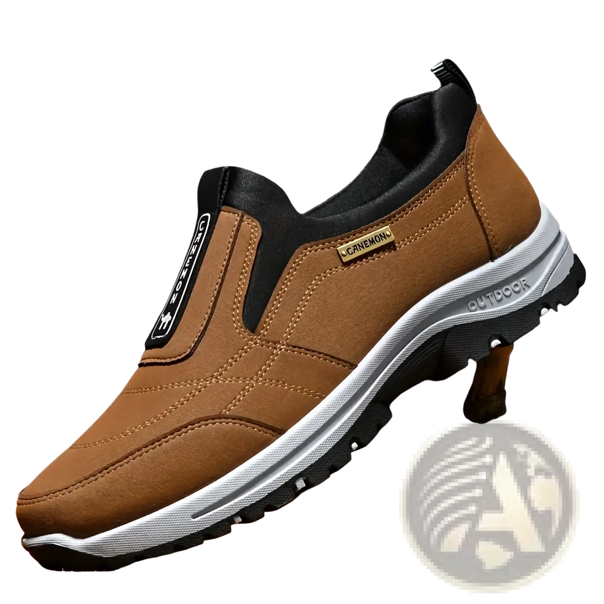 Men slip resistant casual walking sneaker in brown canvas with black accents and white midsole featuring cane mon brand tag