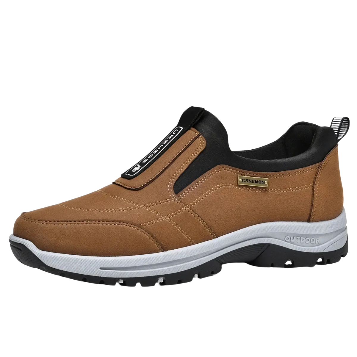 Men slip resistant casual walking sneakers in brown suede with black accents and a white midsole for outdoor use