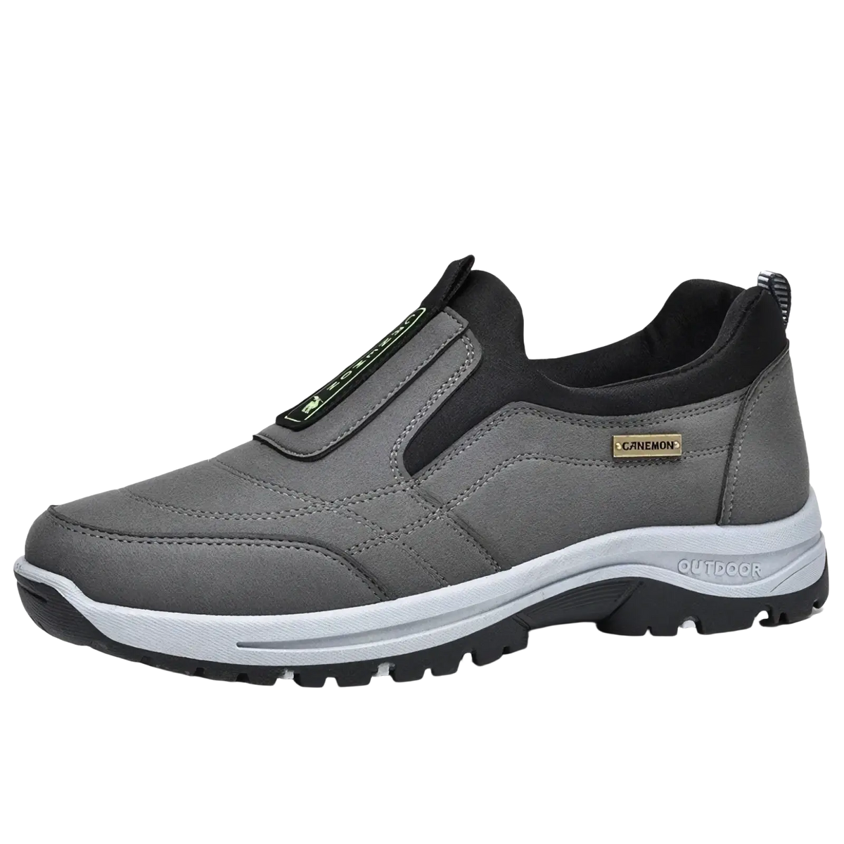 Men slip resistant casual walking sneakers gray and black canemon outdoor slip on shoe with white midsole and textured outsole