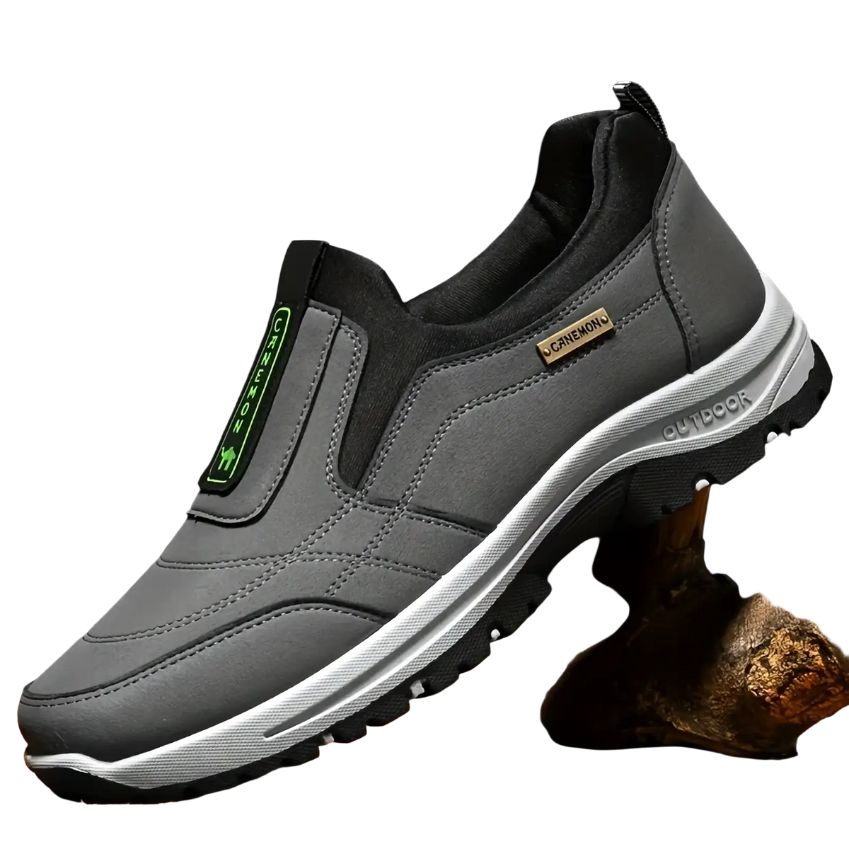Men slip resistant casual walking sneakers gray canvas slip on with black accents green logo and outdoor branding on midsole