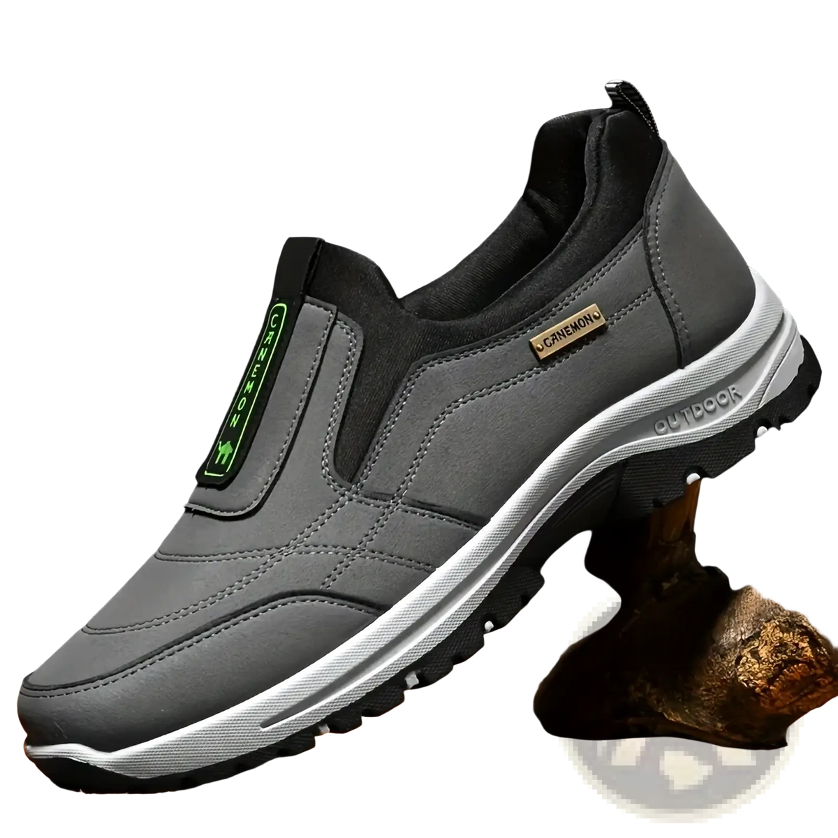 Men slip resistant casual walking sneakers gray canvas slip on with black accents green logo and outdoor branding on midsole