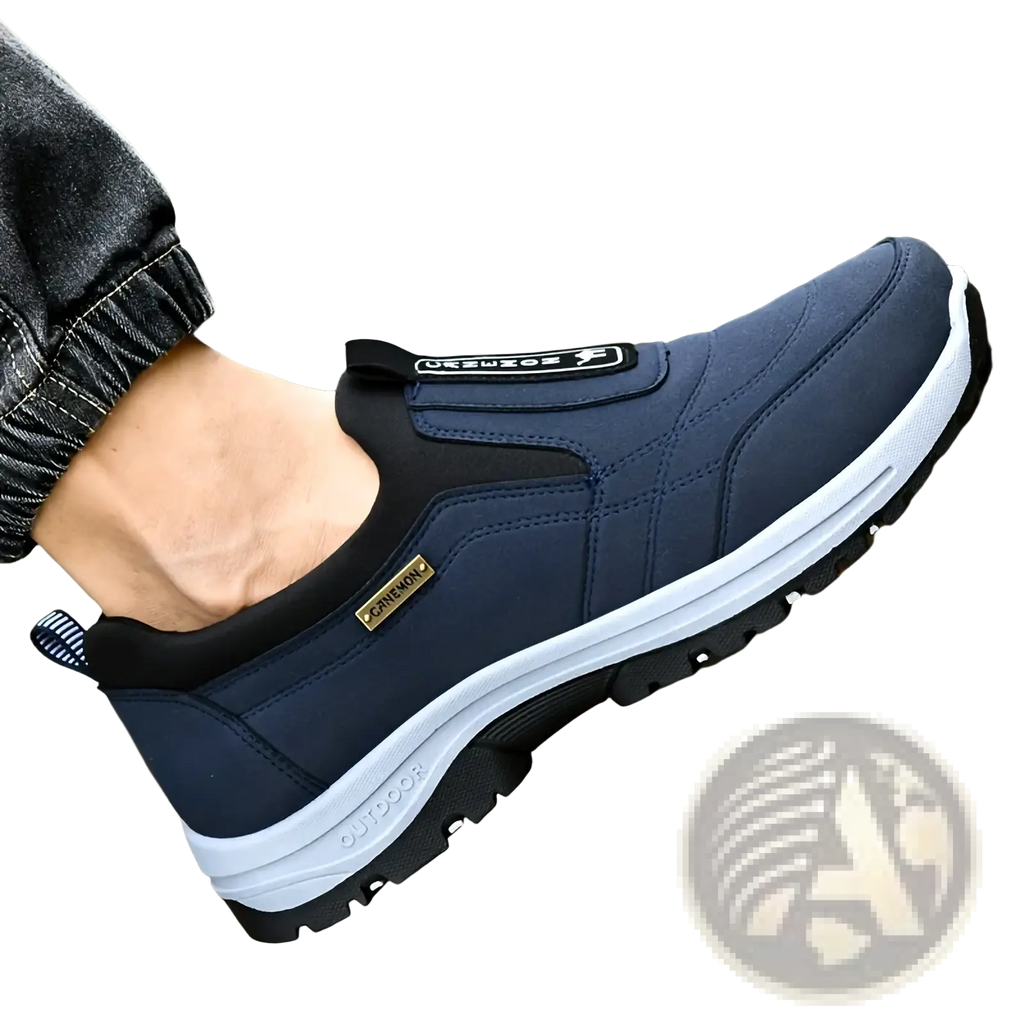 Navy blue men slip resistant casual walking sneaker with black accents and white midsole for outdoor use