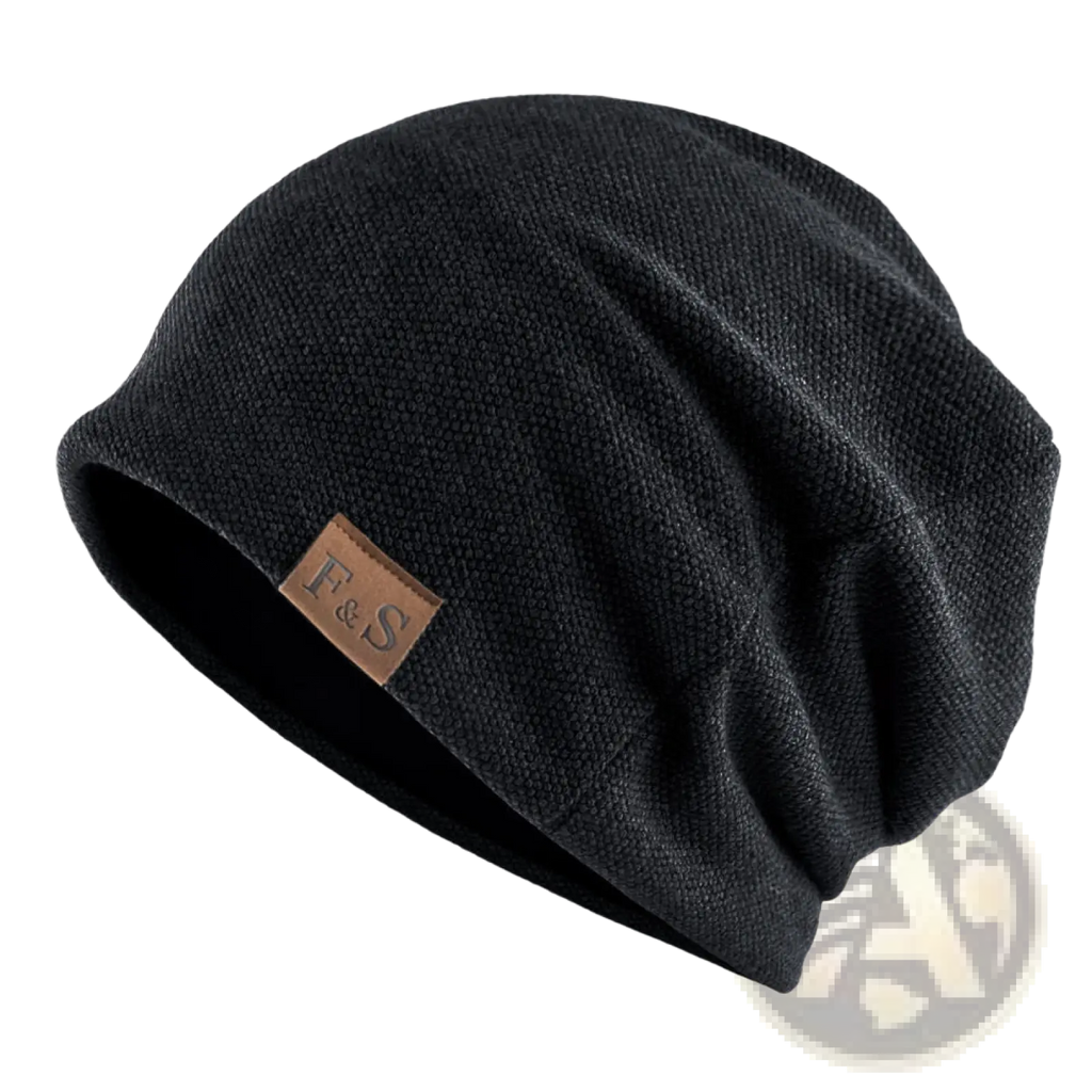 Men slouchy knit beanie thin spring summer hat in black textured knit with brown leather f&s branding patch