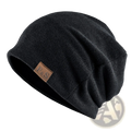 Men slouchy knit beanie thin spring summer hat in black textured knit with brown leather f&s branding patch