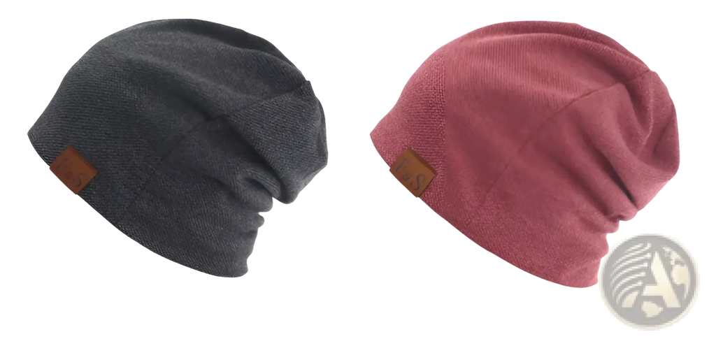 Men slouchy knit beanies in dark gray and red with brown leather patches suitable for thin spring and summer wear