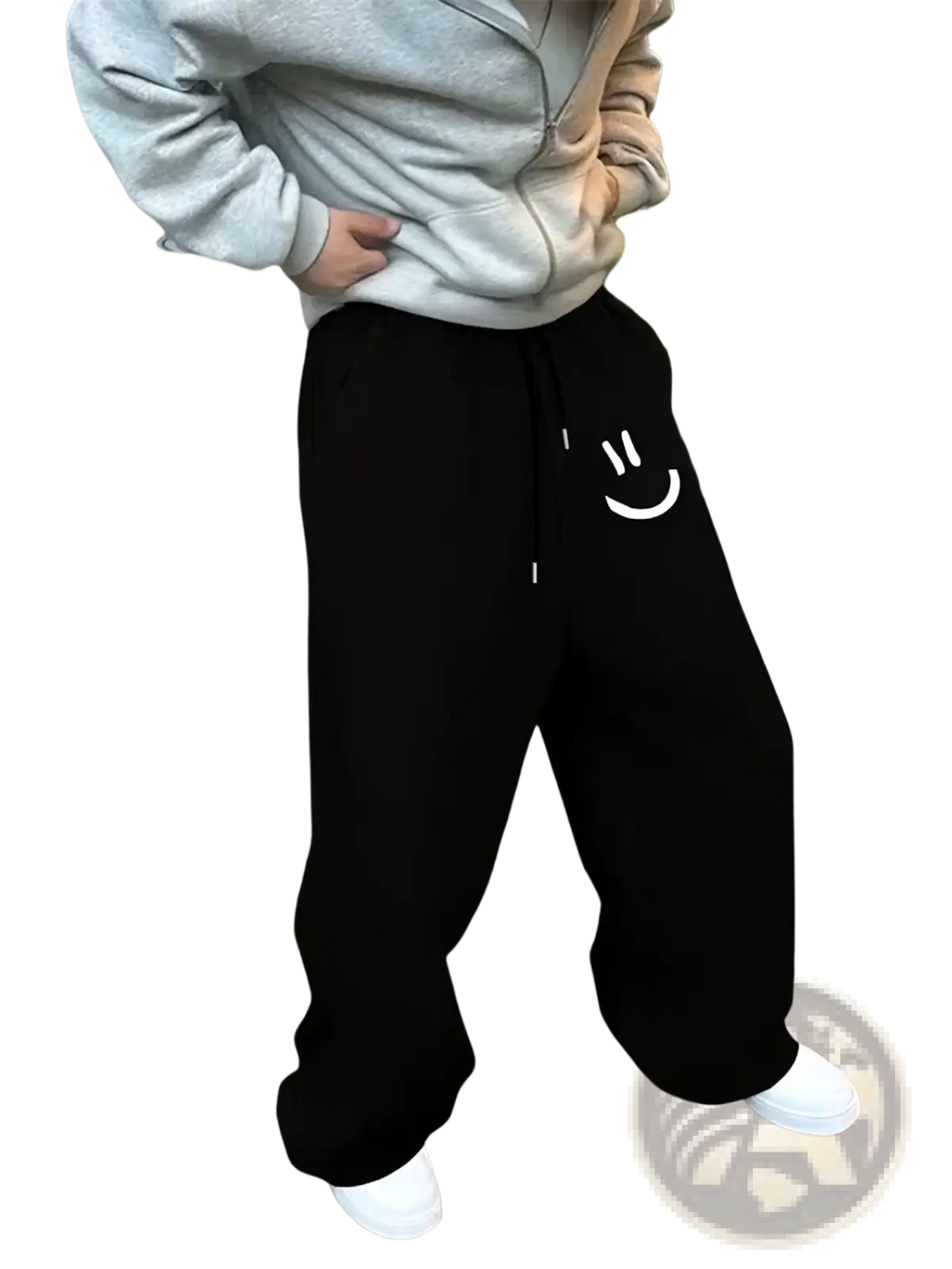 Black fleece men smiley face sweatpants featuring a white embroidered smiley on the left thigh