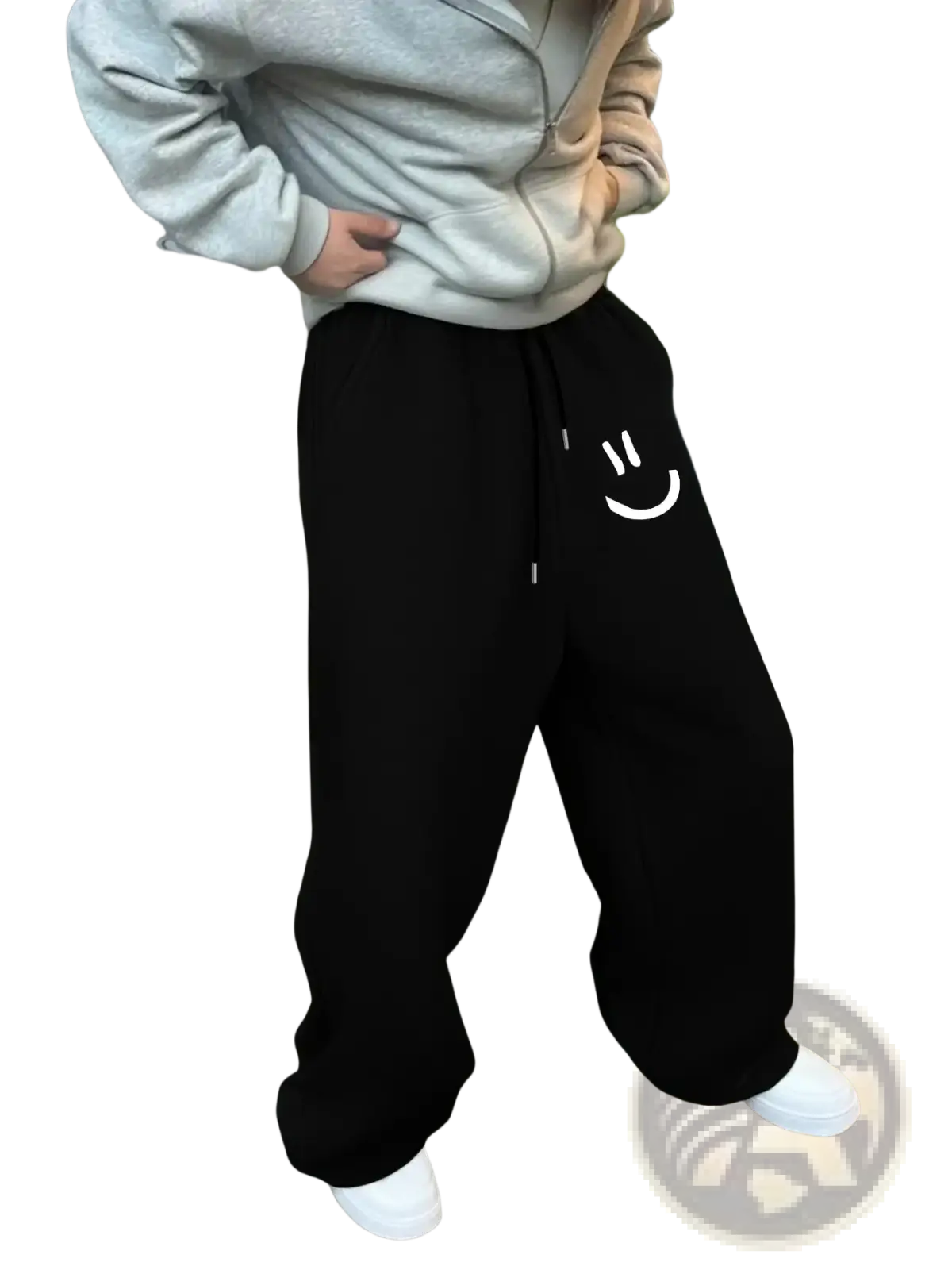 Men smiley face fleece sweatpants in black with a white smiley face graphic on the left leg