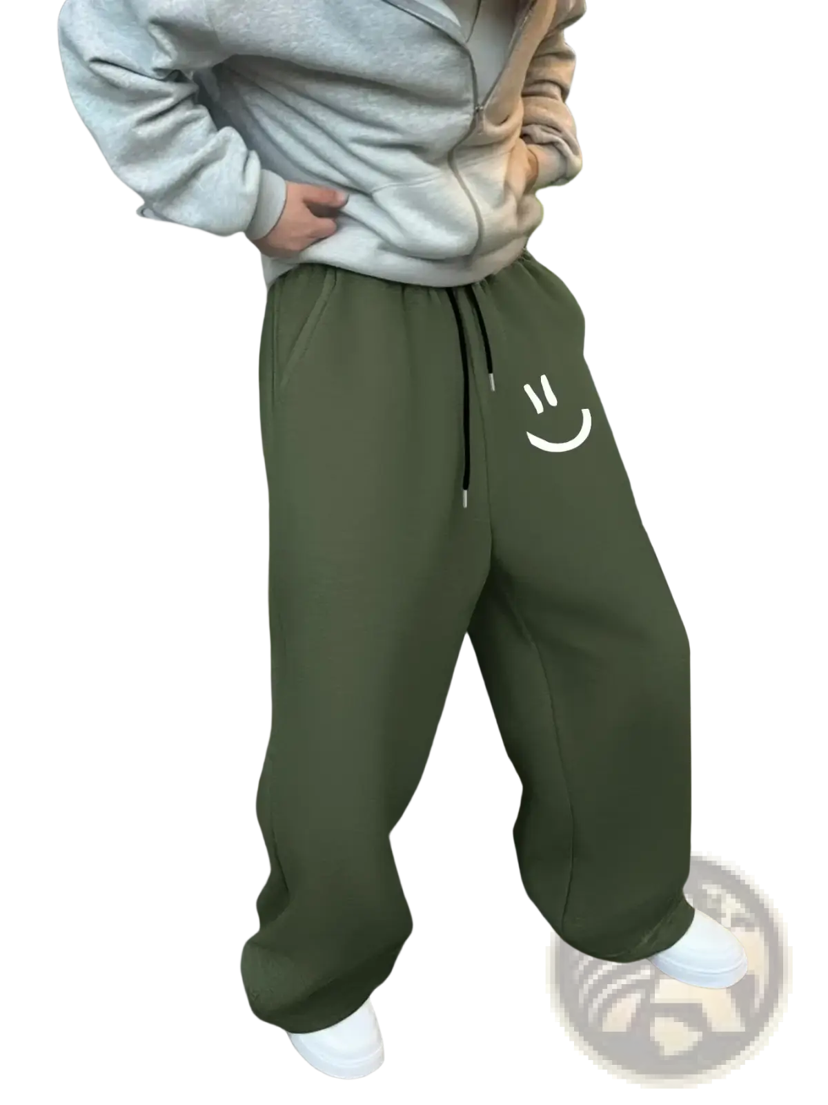 Men smiley face fleece sweatpants in olive green featuring a white smiley face and black drawstrings on the left leg