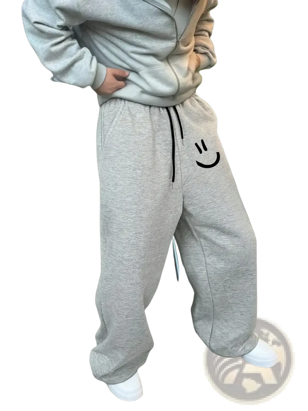 Men smiley face fleece sweatpants in gray featuring a black smiley face embroidery and matching drawstring waistband